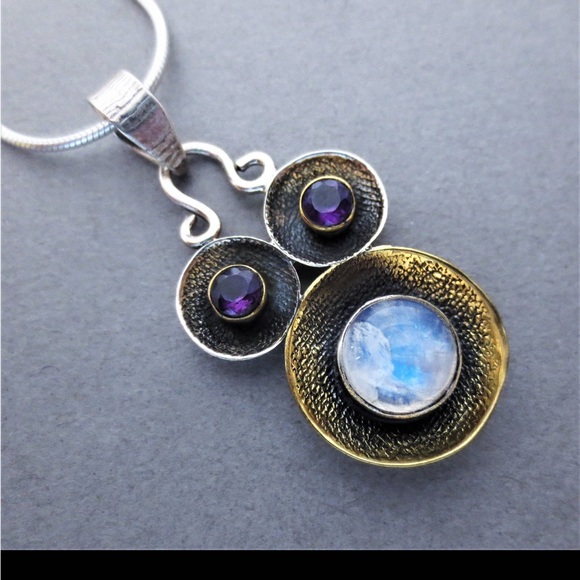Rainbow Moonstone Amethyst Gemstone Sterling Pendant Necklace - Picture 5 of 7